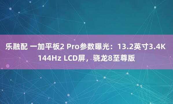 乐融配 一加平板2 Pro参数曝光：13.2英寸3.4K 144Hz LCD屏，骁龙8至尊版